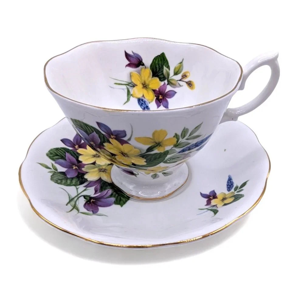 Royal Albert Bone China Teacup and Saucer.  Purple and Yellow Floral